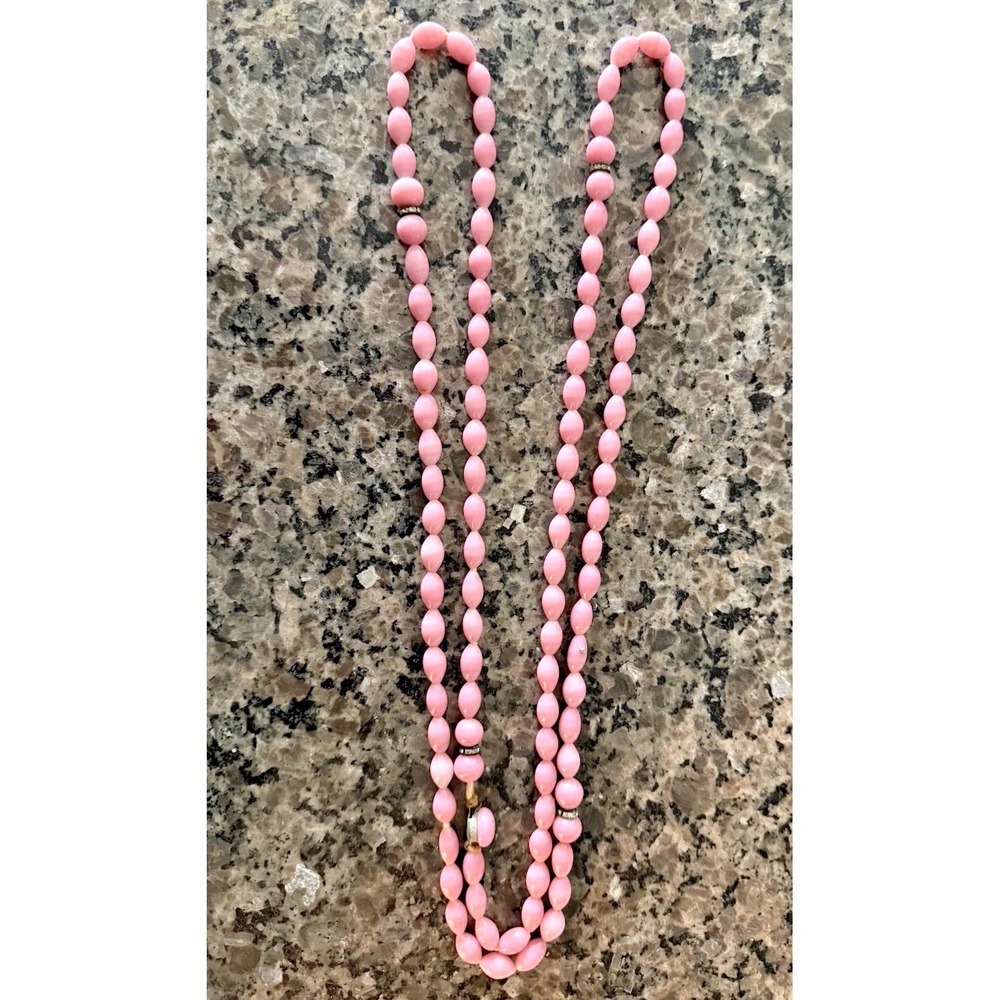 Vintage Pink White Swirl Slag Art Glass Bead Necklace Handcrafted Faceted Barrel